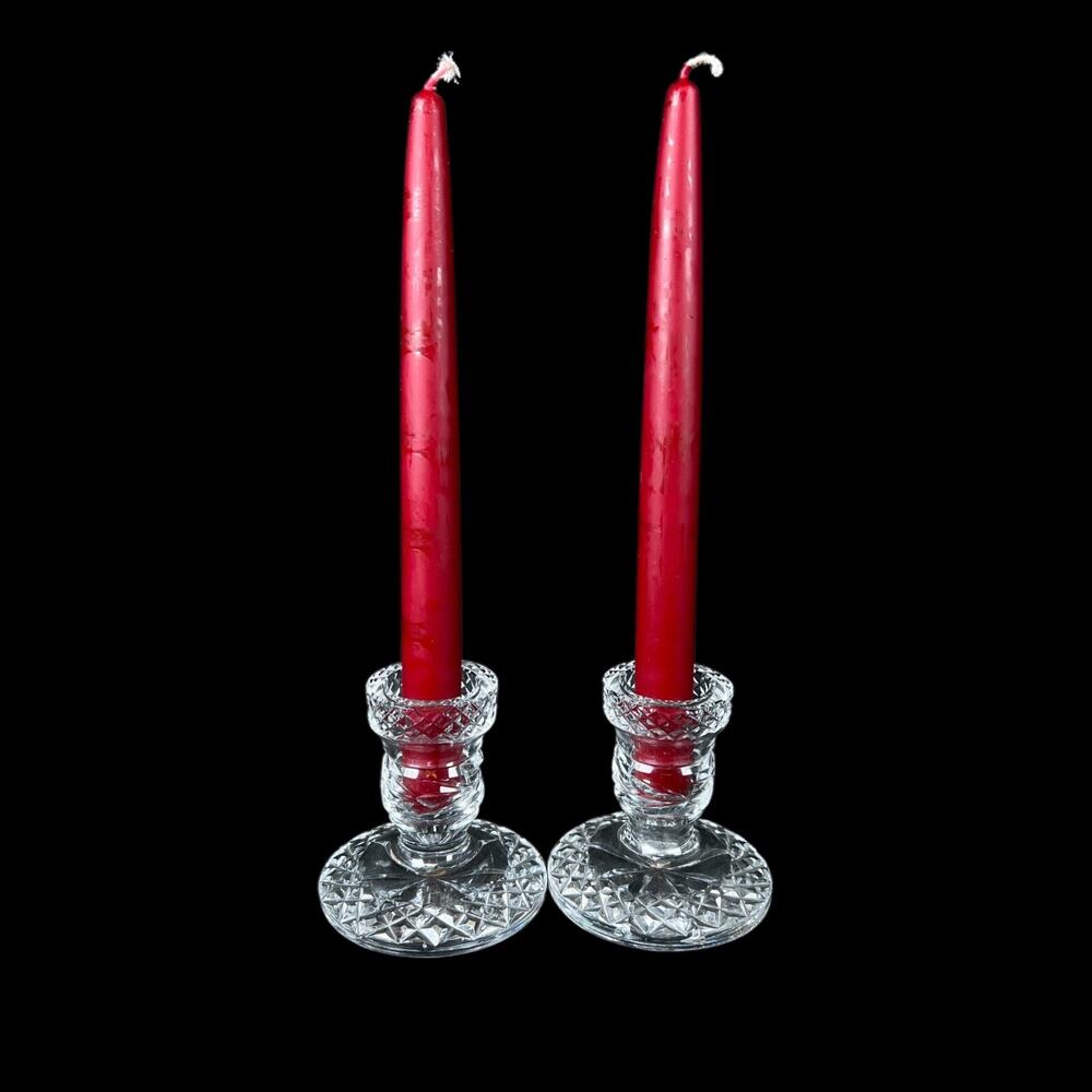 2X Vintage WATERFORD Crystal Candle Candlestick Pillar Holder Bedford Pattern